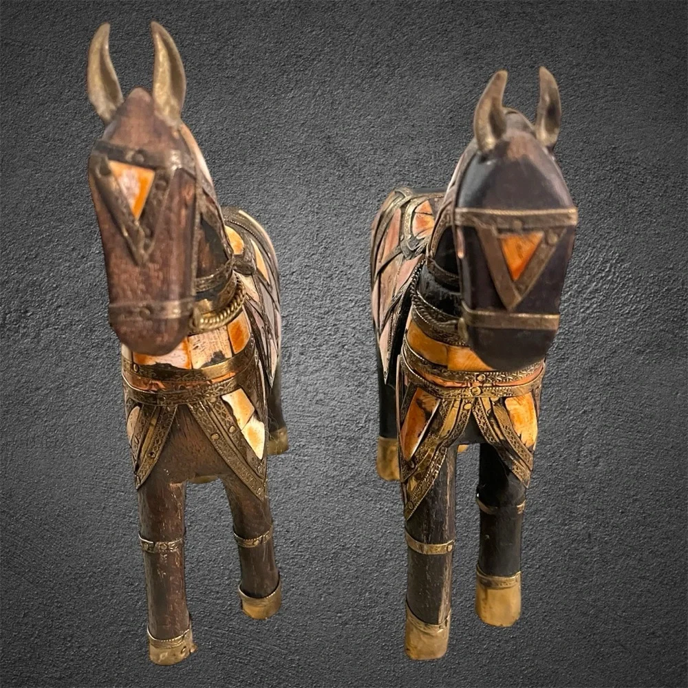 Pier 1 Egyptian War Horses Whittled From Black Wood w Copper, Brass & Seashells